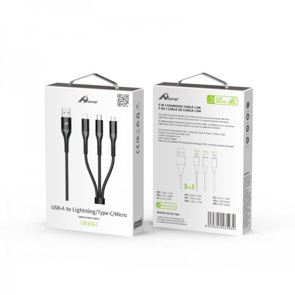 Cable USB a Lightning, Micro y Tipo C 1.2m 3A...